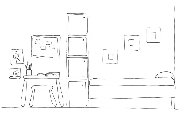 Habitación de niños. En la esquina de la habitación hay una cama, al lado de un armario, mesa, silla. Ilustración vectorial en un estilo de boceto — Vector de stock