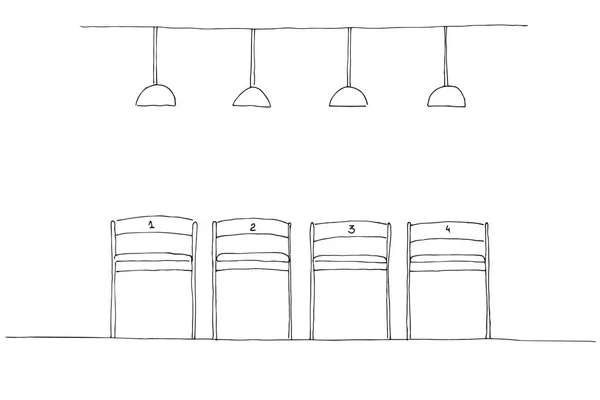 Fila de cadeiras. lâmpada pendurada acima de cada cadeira. Ilustração vetorial desenhada à mão . — Vetor de Stock