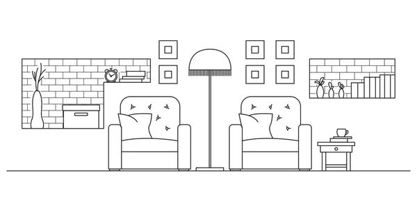 Deux fauteuils, un lampadaire, des étagères dans le mur. Illustration vectorielle dans un style linéaire . — Image vectorielle