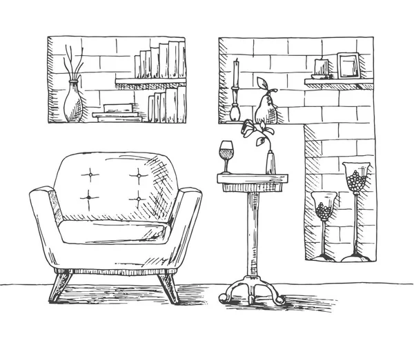 Chaise dessinée à la main, bureau, niche dans le mur avec étagères. Sur la table se trouve un verre et un vase avec une fleur. Sur les étagères des livres et autres objets de décoration. Illustration vectorielle dans le style croquis . — Image vectorielle