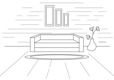 Modern iç. Kanepe önünde bir halı var. Vektör çizim lineer tarzda.