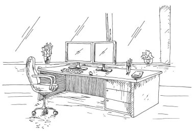 Elle çizilmiş işyeri monitörler arkasında. İki monitör, ofis koltuğu ile çalışma tablosu. Bir kroki stil vektör çizim.