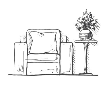 Koltuklar ve yüksek tablo. Masaya çiçek vazo. El çekilmiş iç. Vektör çizim kroki tarzı