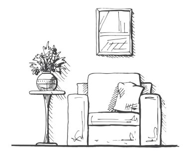 Koltuklar ve yüksek tablo. Masaya çiçek vazo. El çekilmiş iç. Vektör çizim kroki tarzı