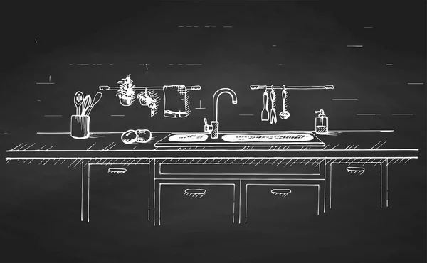 Kuchyňský dřez. Pracovní desky kuchyně s dřezem a kreslení na tabuli... Skica v kuchyni — Stockový vektor