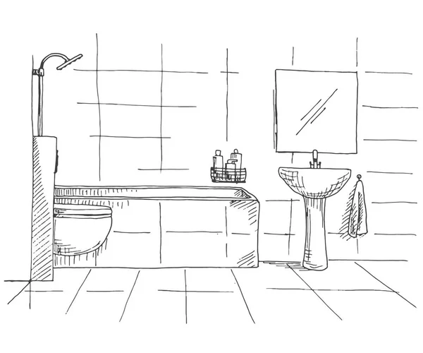 Dibujo dibujado a mano. El bosquejo lineal del interior. Parte del baño. Ilustración vectorial — Archivo Imágenes Vectoriales