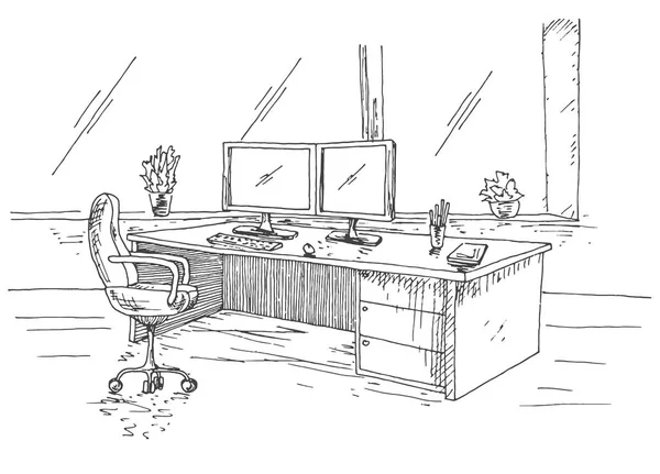 Trabalho desenhado à mão atrás dos monitores. Mesa de trabalho com dois monitores, cadeira de escritório. Ilustração vetorial de um estilo de esboço . —  Vetores de Stock