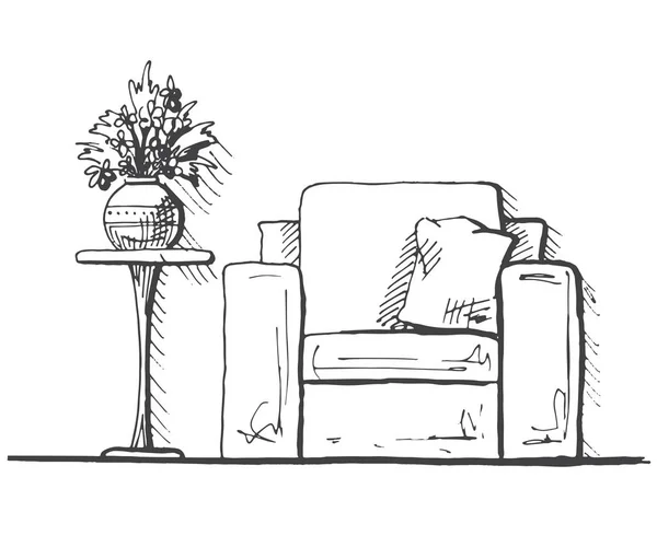 Des fauteuils et une table haute. Vase avec des fleurs sur la table. Intérieur dessiné à la main. Illustration vectorielle dans le style croquis — Image vectorielle