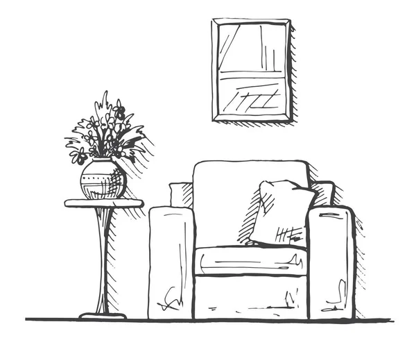 Poltronas e uma mesa alta. Vaso com flores na mesa. Interior desenhado à mão. Ilustração vetorial em estilo esboço — Vetor de Stock