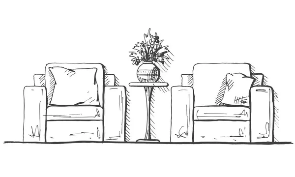 Deux fauteuils et une table haute. Vase avec des fleurs sur la table. Intérieur dessiné à la main. Illustration vectorielle dans le style croquis — Image vectorielle