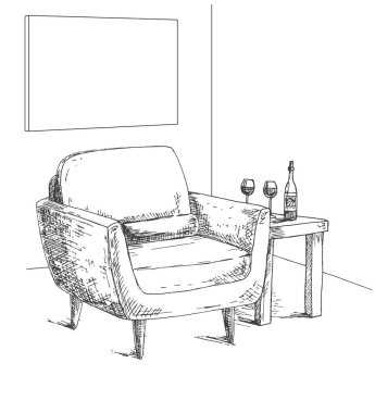 Koltuk, sehpa ile bir bardak ve şişe. Çerçeve duvara bilgilerinizi uygun için. Bir kroki tarzı çizilmiş vektör çizim el.