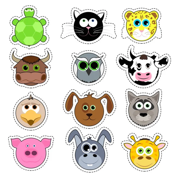 Set di simpatici animali del cartone animato. Graziosa collezione di adesivi viso animale . — Vettoriale Stock