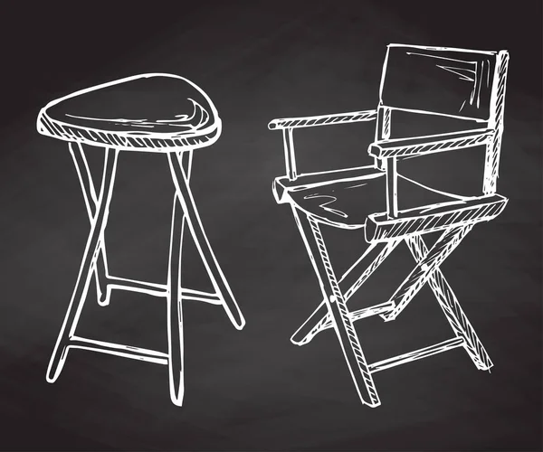 2 つの折りたたみ椅子は、黒板に描かれたチョークを手します。スケッチ スタイルのベクトル図 — ストックベクタ