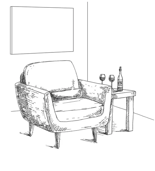 Sillón, mesa de centro con un vaso y una botella. Marco en la pared para ajustar su información. Ilustración vectorial dibujada a mano de un estilo de boceto . — Archivo Imágenes Vectoriales