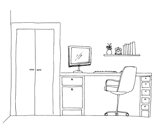 Desenhe a sala. Cadeira de escritório, mesa, vários objetos na mesa. Espaço de trabalho do esboço. Ilustração vetorial — Vetor de Stock