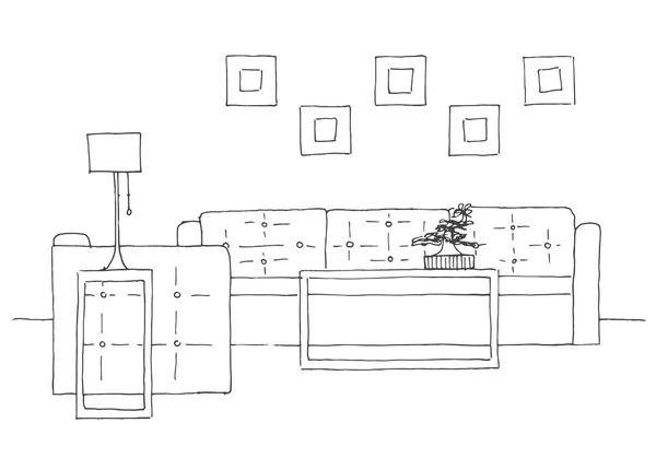 Sofá, silla, lámpara y mesa con maceta. Ilustración vectorial dibujada a mano de un estilo de boceto . — Archivo Imágenes Vectoriales