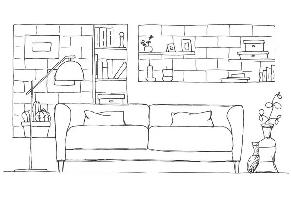 Sofa i lampy podłogowe. Mur z cegły z półki. Ilustracja wektorowa styl szkic. — Wektor stockowy