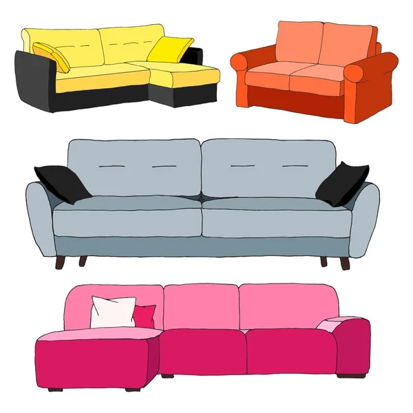 Set de sofás aislados sobre fondo blanco.Ilustración vectorial en estilo sketch . — Vector de stock