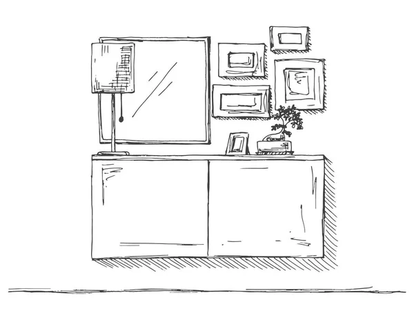Piept de sertare, lampă și decor. Ilustrație vectorială a unui stil de schiță . — Vector de stoc
