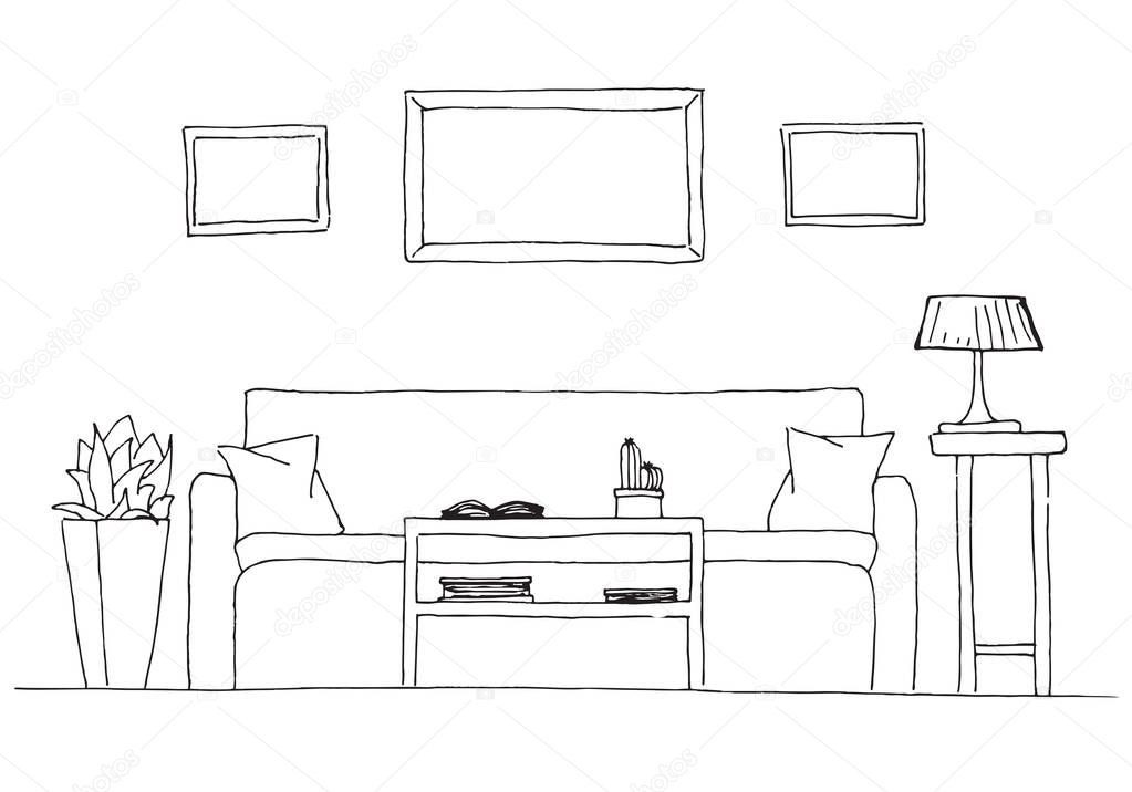 Dibujo lineal de un interior Plan de sala Ilustraci n de 