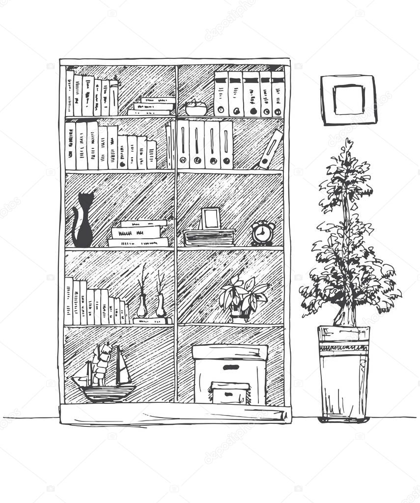 Bookshelf isolated on white background. Vector illustration of a sketch style.