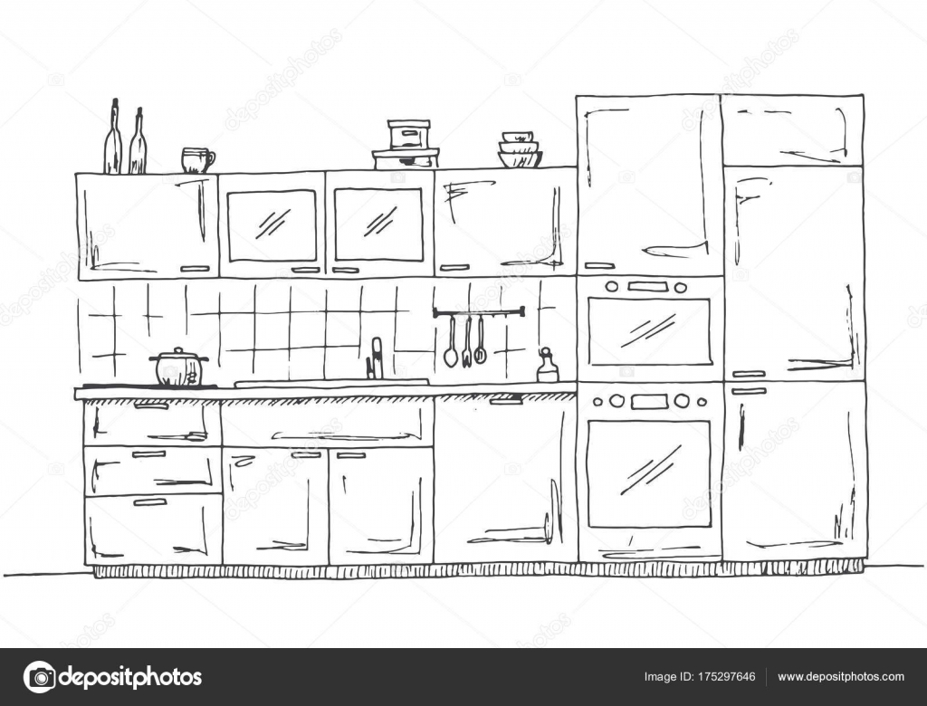 Muebles de cocina dibujado a mano. Cocina con microondas, horno y ... Muebles de cocina dibujado a mano. Cocina con microondas, horno y ...