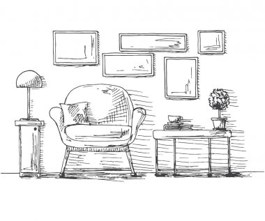 El çekilmiş sandalye, bir bitki ve bir fincan içeren tablo. Çerçeve duvara asmak. Bir kroki stil vektör çizim.