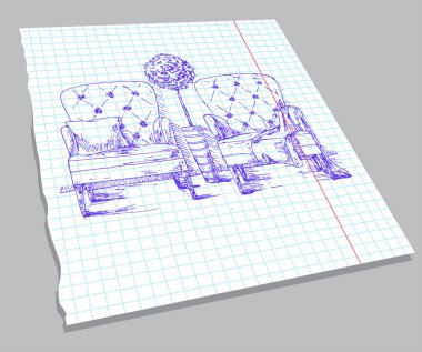 El iki koltuk ve bir saksı bitki çekilmiş. Defter sayfasında kroki. Vektör çizim.