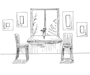 El ile bir geniş pencere pervazına çizilmiş pencere. Çerçeve duvara iki sandalye diğerine. Bir kroki stil vektör çizim.