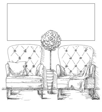 El iki büyük yumuşak koltuk çekilmiş. Uzun boylu bir tencereye bitki. Bir koltukta ikinci yastık üzerinde bir şal var. Çerçeve duvara bilgilerinizi uygun için.