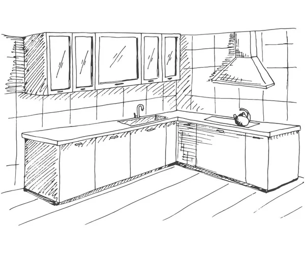 Schizzo disegnato a mano degli interni. Disegno rapido di mobili da cucina. Illustrazione vettoriale in stile schizzo . — Vettoriale Stock