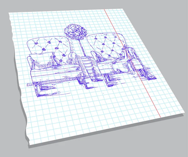 Hand getekend twee fauteuils en een ingemaakte plant. Schets op laptop blad. Vectorillustratie. — Stockvector