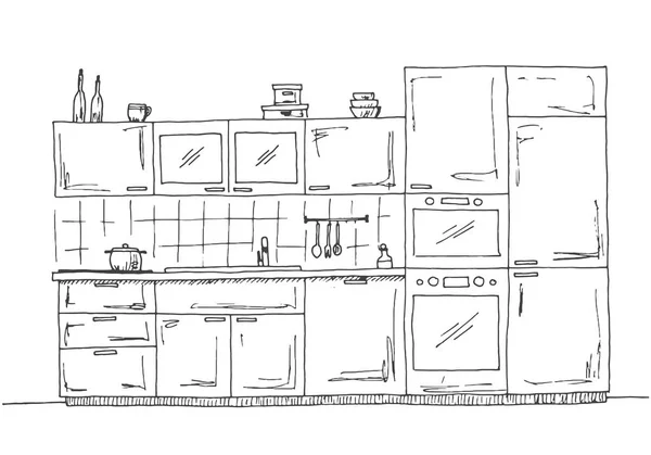 Ručně tažené kuchyňského nábytku. Kuchyně s integrovanou mikrovlnnou troubou, troubou a lednicí. Vektorové ilustrace stylu skica. — Stockový vektor