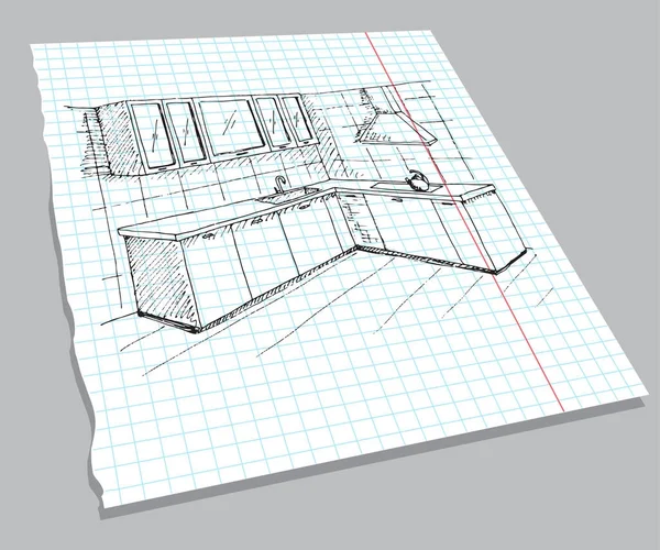 ノートのシートにインテリアの手描きのスケッチ。キッチン家具を簡単に描ける。スケッチ スタイルのベクトル図. — ストックベクタ