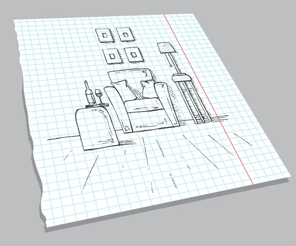 Handgezeichnete Skizze des Innenraums auf einem Notizblock. Sessel, Couchtisch mit Glas und Flasche. Lampe auf einem hohen Hocker. Handgezeichnete Vektorillustration eines Skizzenstils. — Stockvektor