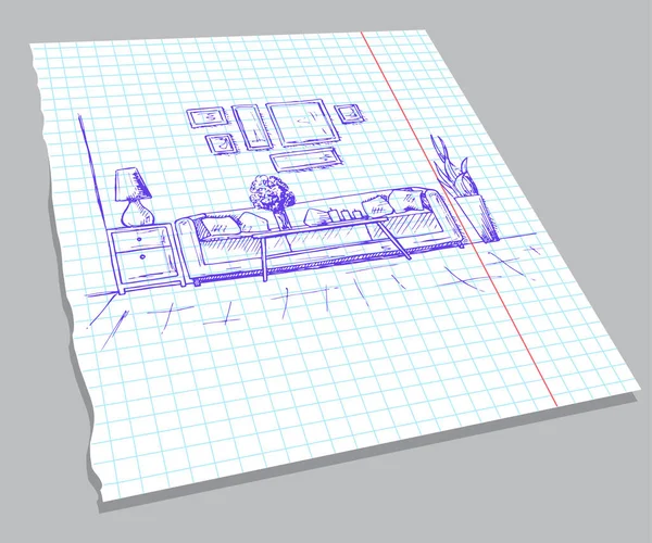 Handgezeichnete Skizze des Innenraums auf einem Notizblock. Handgezeichnete Vektorillustration eines Skizzenstils. — Stockvektor