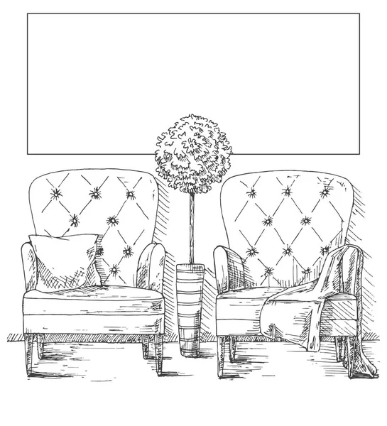 Dessiné à la main deux grands fauteuils doux. Plantez dans un grand pot. Sur un fauteuil est un plaid, sur le deuxième oreiller. Cadre sur le mur pour le montage Vos informations . — Image vectorielle