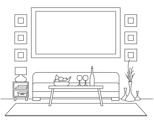 Canapé, table, vase avec des fleurs. Table de chevet, lampe de bureau. Cadre sur le mur pour l'ajustement de vos informations. Esquisse linéaire de l'intérieur dans un style moderne . — Image vectorielle