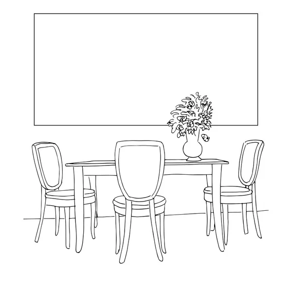 Teil des Speisesaals. Tisch und Stühle. Auf dem Tisch Vase mit Blumen. Rahmen an der Wand zur Montage Ihrer Informationen. handgezeichnete sketch.vektorillustration. — Stockvektor