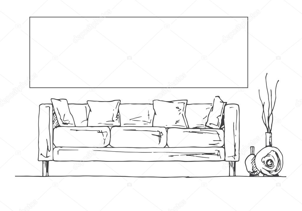 Linear sketch of the interior. Part of the room. Frame on the wall for Fitting Your information. Hand drawn vector illustration of a sketch style.