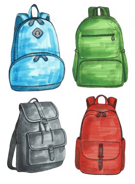 Farklı sırt çantaları, erkek, kadın ve unisex kümesi. Beyaz arka plan üzerinde izole sırt çantaları. İşaretleyicileri tarafından çizilmiş bir örnek.