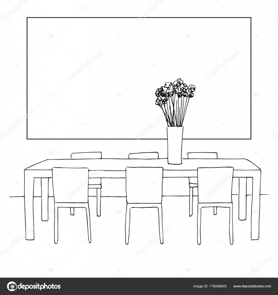 Part of the dining room. Table and chairs.On the table vase of flowers.  Frame on the wall for Fitting Your information. Hand drawn sketch.Vector  illustration. Stock Vector by ©nadiia.kud.gmail.com 176046840, image size:963x1024