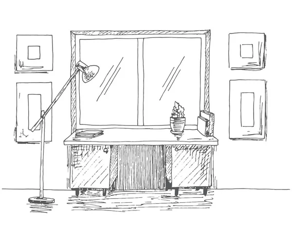 Mesa desenhada à mão em frente à janela. Lâmpada do piso seguinte. Ilustração vetorial em estilo esboço . — Vetor de Stock