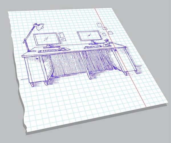 Esquisse dessinée à la main de l'intérieur sur une feuille de carnet. Esquisse la pièce. Bureau, divers objets sur la table. Croquis espace de travail. Illustration vectorielle — Image vectorielle