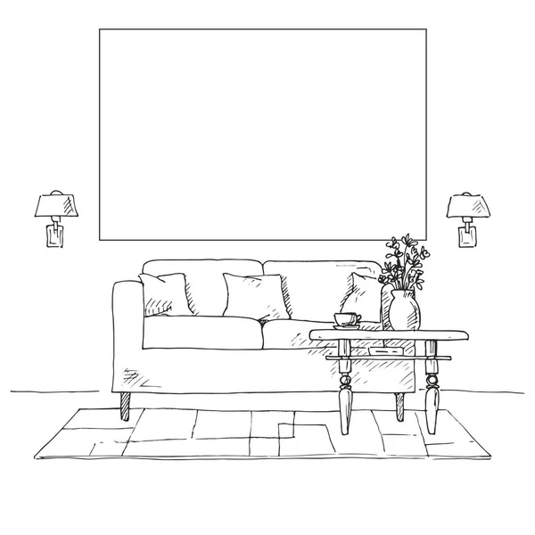 Liniowy szkicu wnętrz. Sofa, stół, stolik, lampka, kwiat. Ramki na ścianie do montażu informacji. Ręcznie rysowane wektor ilustracja styl szkic. — Wektor stockowy