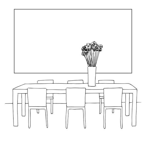 En del av matsalen. Bord och stolar. På den tabell vas med blommor. Ram på väggen för att montera din information. Hand ritad skiss. Vektorillustration. — Stock vektor