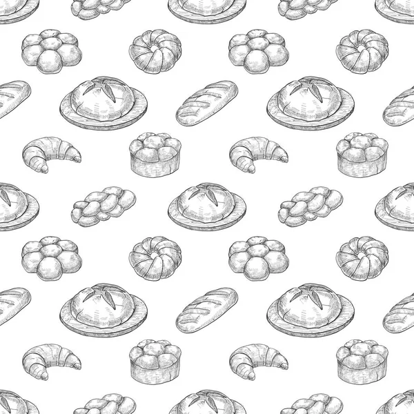 Seamless pattern with different bakery products. Illustration of a sketch style.