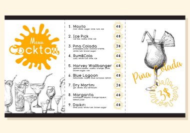 Kokteyl menü kroki tarzı. Vektör çizim