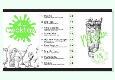 Kokteyl menü kroki tarzı. Vektör çizim