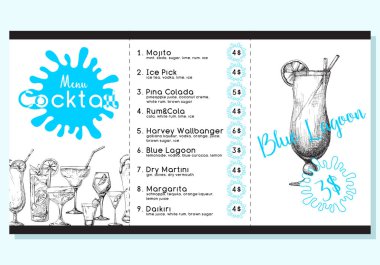 Kokteyl menü kroki tarzı. Vektör çizim